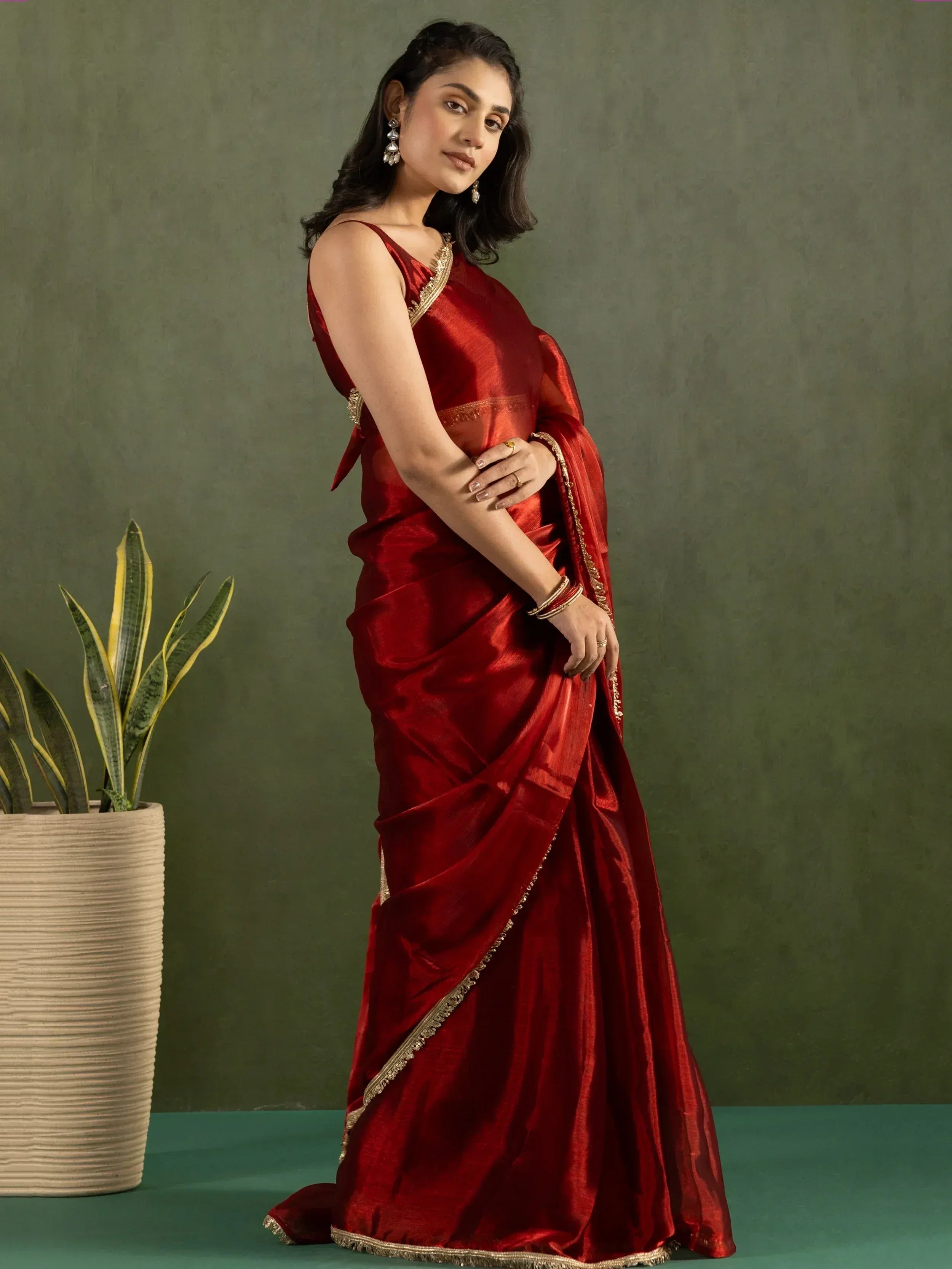 Red silk saree with gold border, Indian ethnic wear for women