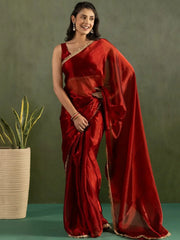 Stylish Red Chiffon Border Work Festival Wear Instant To Wear Saree - Ethnic Plus In