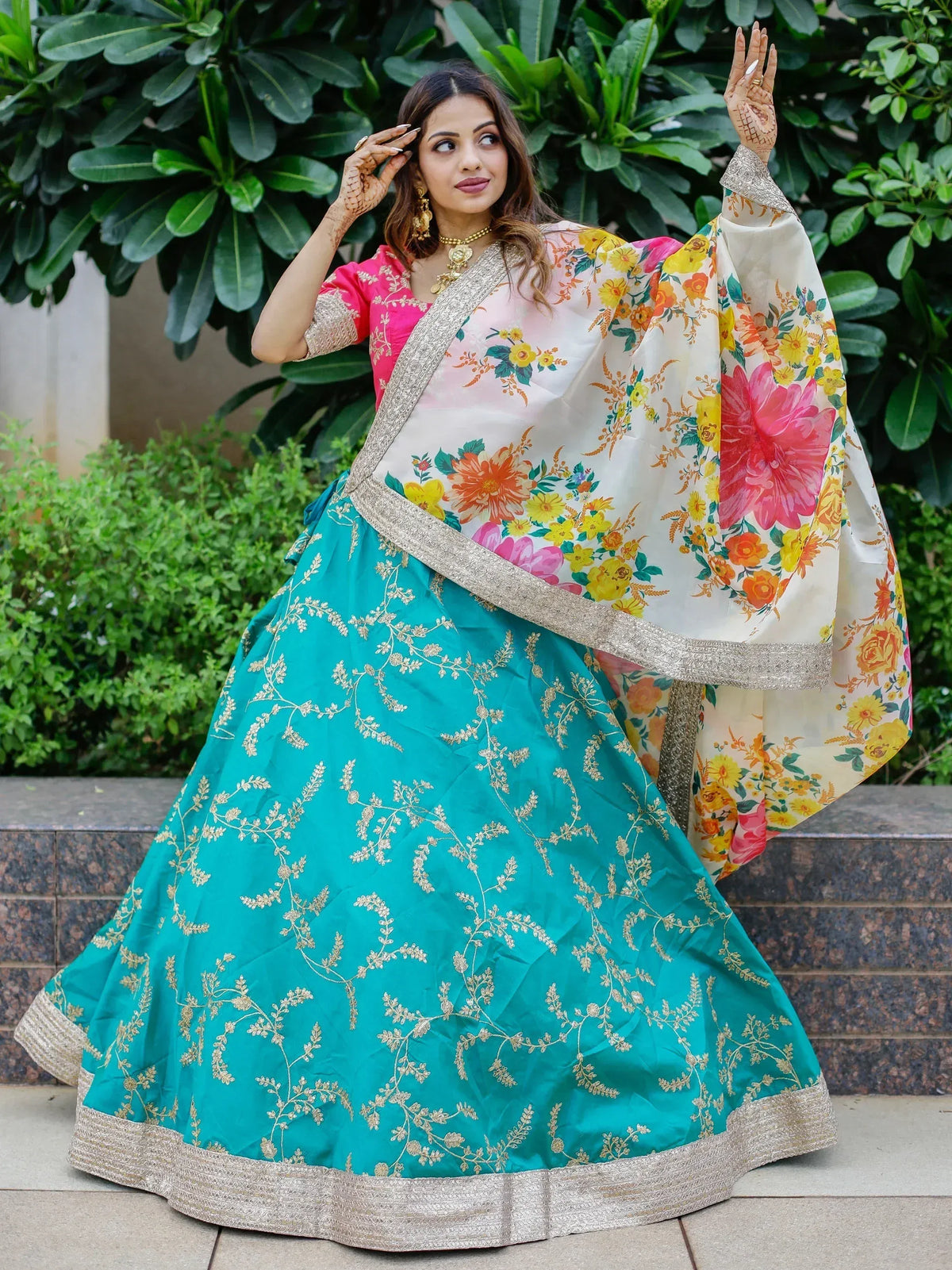 Turquoise lehenga choli with gold embroidery and floral dupatta, Indian ethnic wear for women