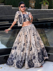 Superior Cream Floral Printed Tussar Silk Event Wear Crop Top Lehenga With Jacket - Ethnic Plus In