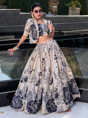 Superior Cream Floral Printed Tussar Silk Event Wear Crop Top Lehenga With Jacket - Ethnic Plus In