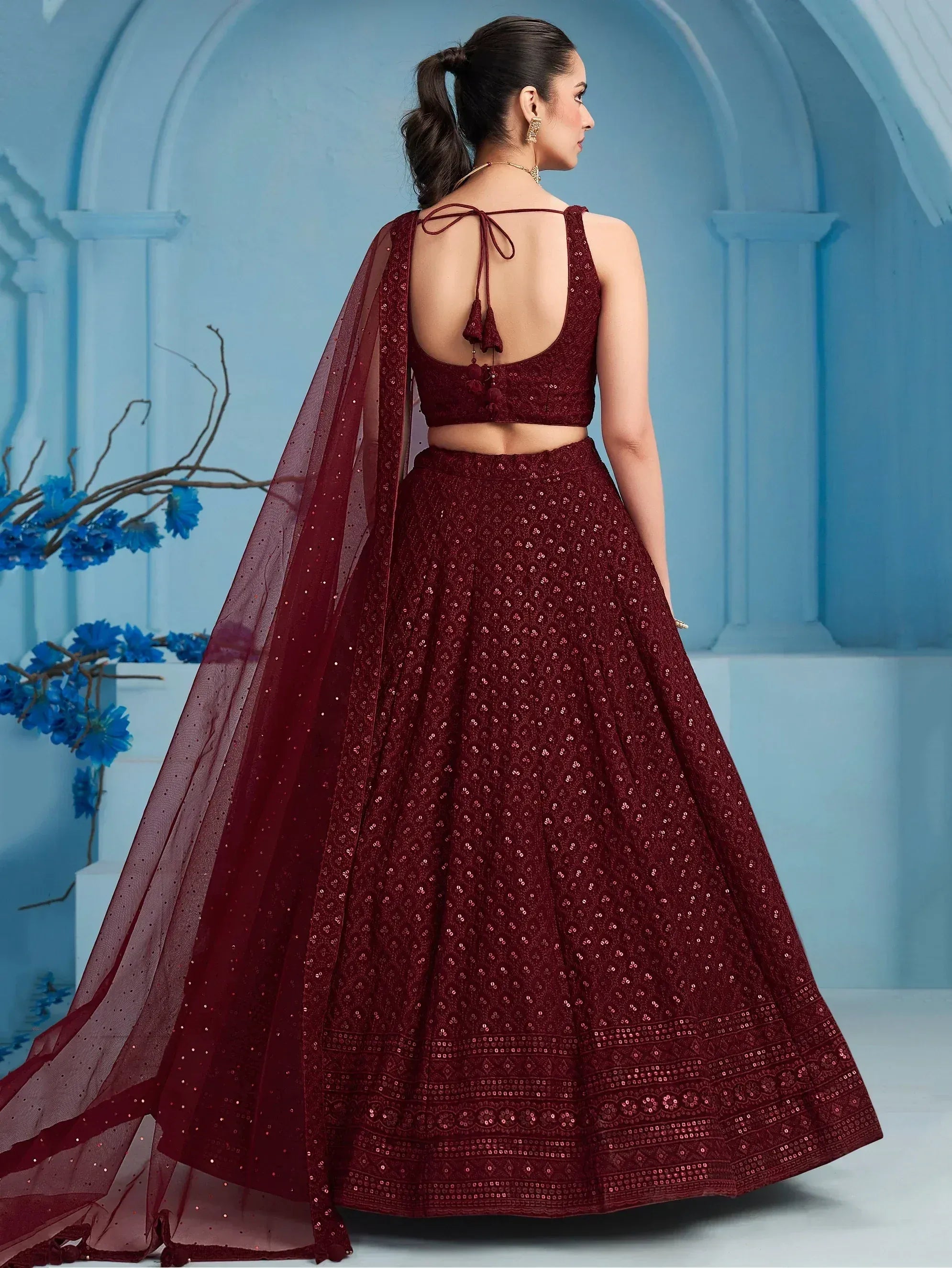 Maroon sequin lehenga choli with back tie blouse and sheer dupatta, Indian ethnic wear
