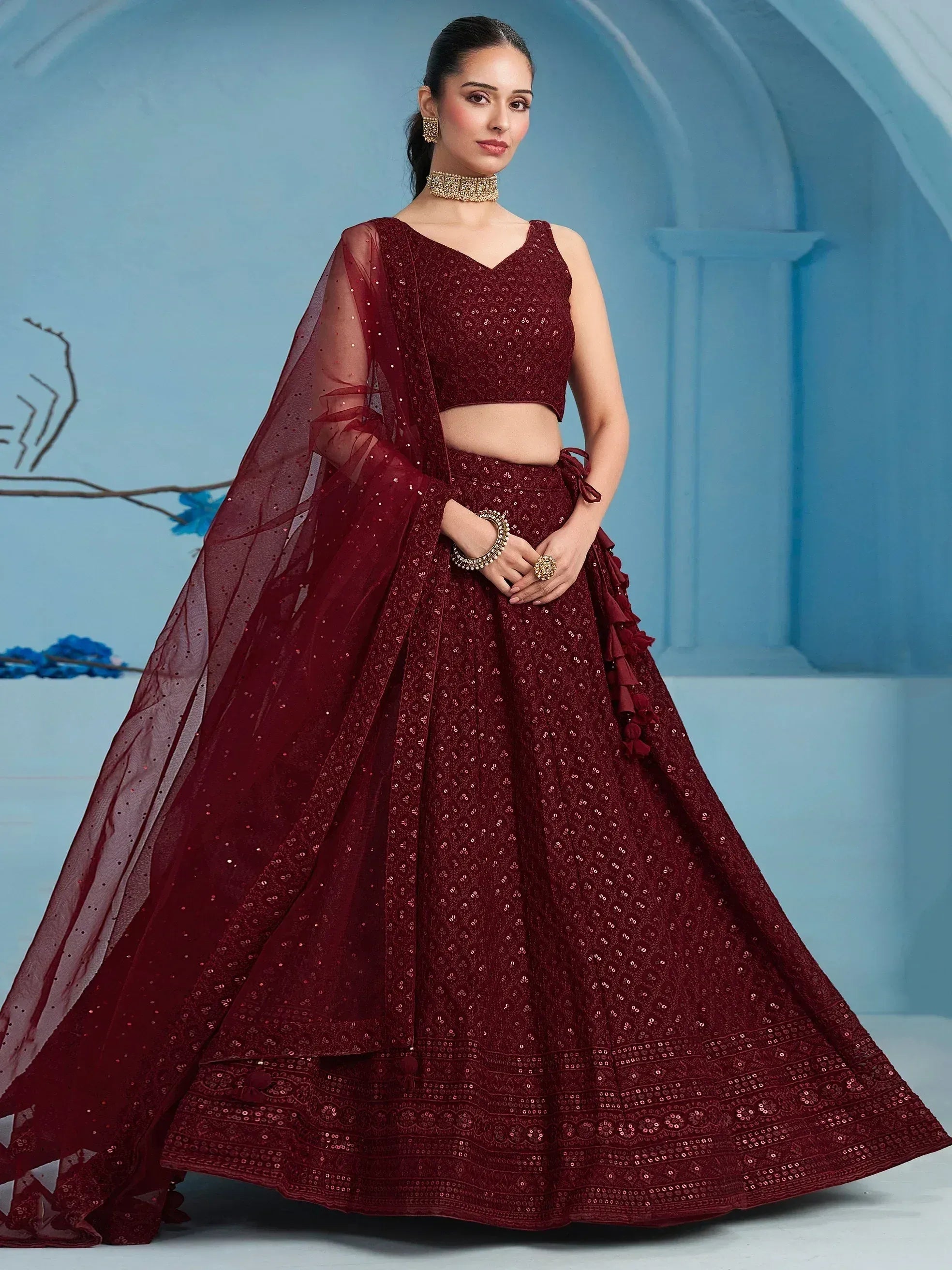 Burgundy sequin lehenga choli with sheer dupatta, Indian ethnic wear for weddings and parties