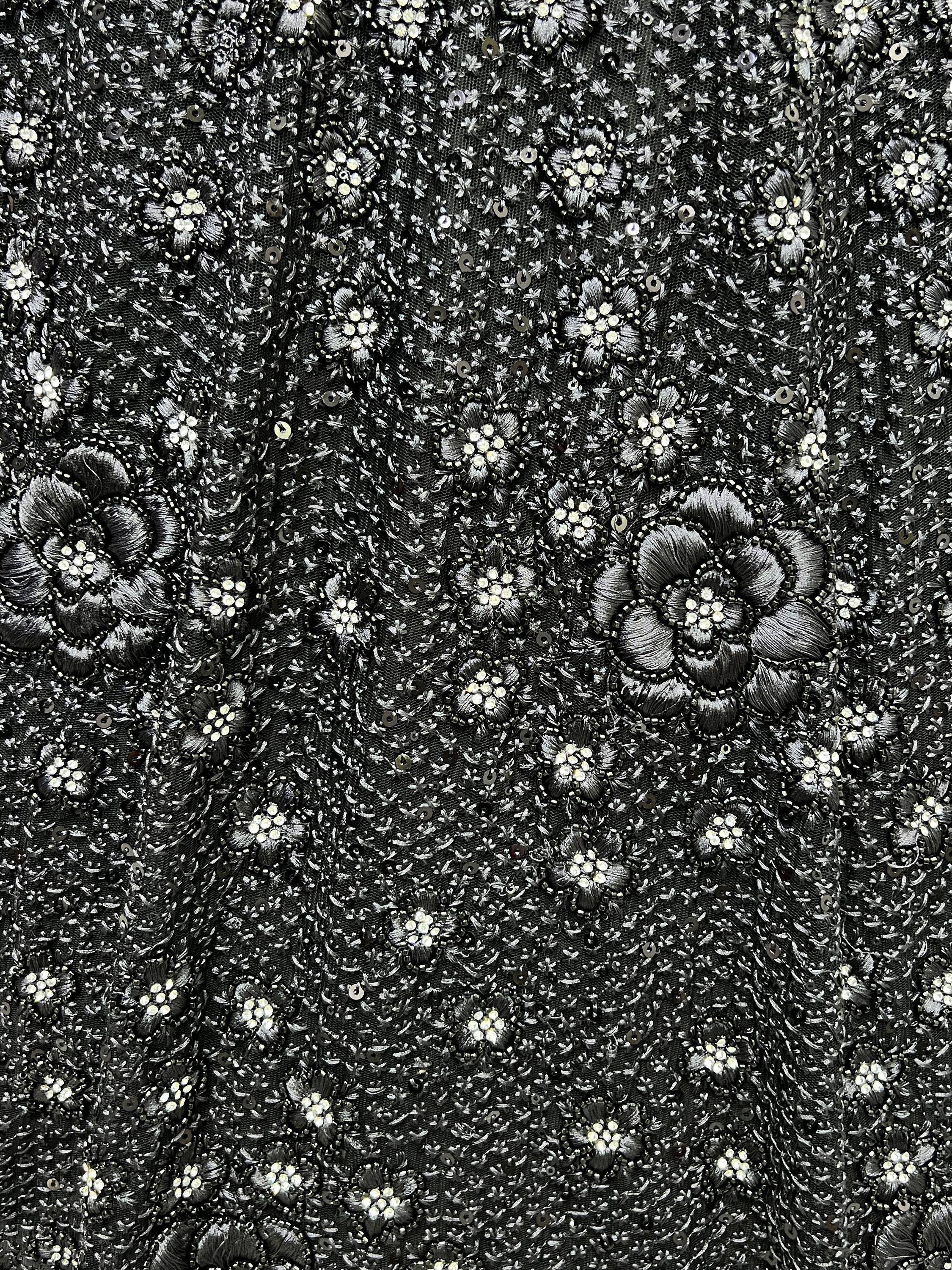 Black floral embroidered fabric with sequins and beads for ethnic wear