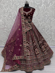 Surprising Dark Maroon Velvet Bridal Lehenga Choli With Double Dupatta - Ethnic Plus In