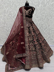 Surprising Maroon Embroidered Velvet Bridal Lehenga Choli With Dupatta - Ethnic Plus In