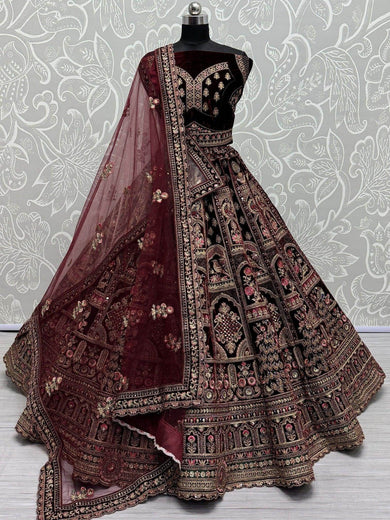 Surprising Maroon Embroidered Velvet Bridal Lehenga Choli With Dupatta - Ethnic Plus In