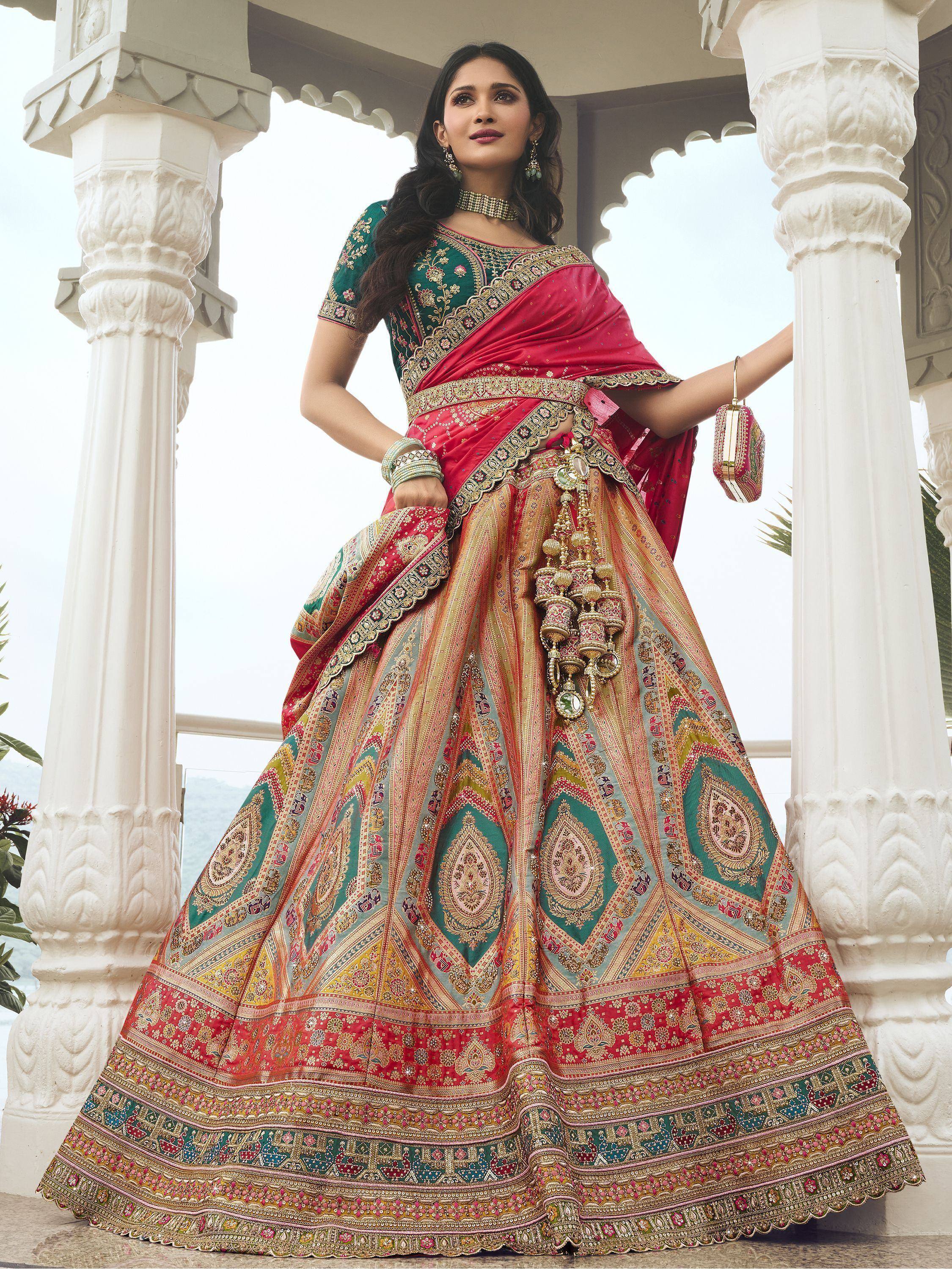 Designer lehenga choli with intricate embroidery, vibrant colors, and traditional Indian motifs for festive occasions.