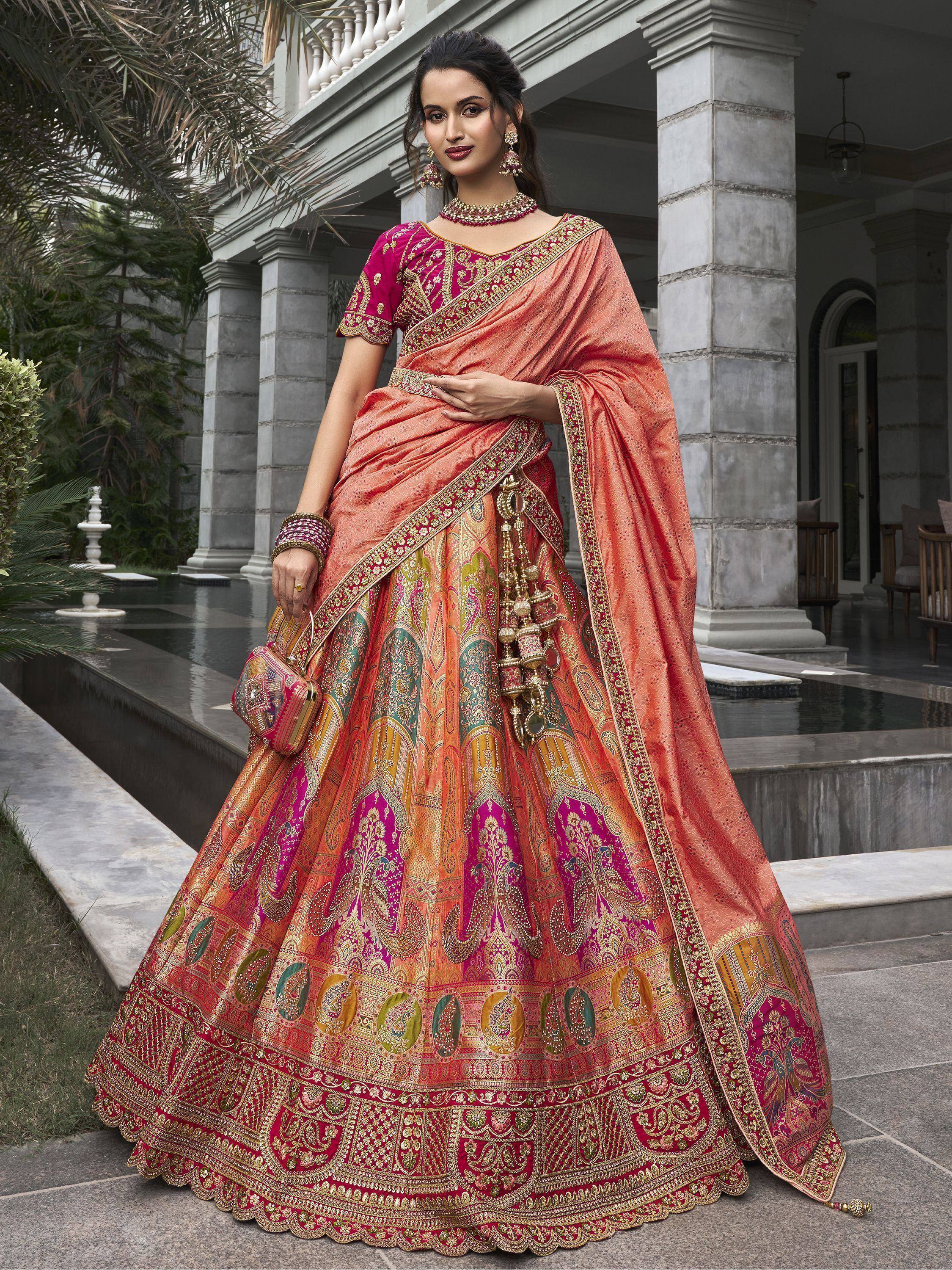 Designer lehenga choli with intricate embroidery, perfect for Indian weddings and festive occasions.
