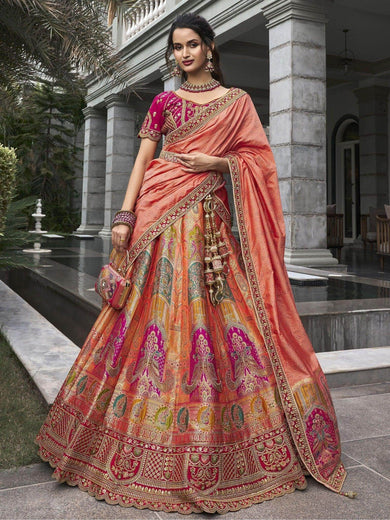 Surprising Peach Embroidered Silk Wedding Lehenga Choli With Dupatta - Ethnic Plus In