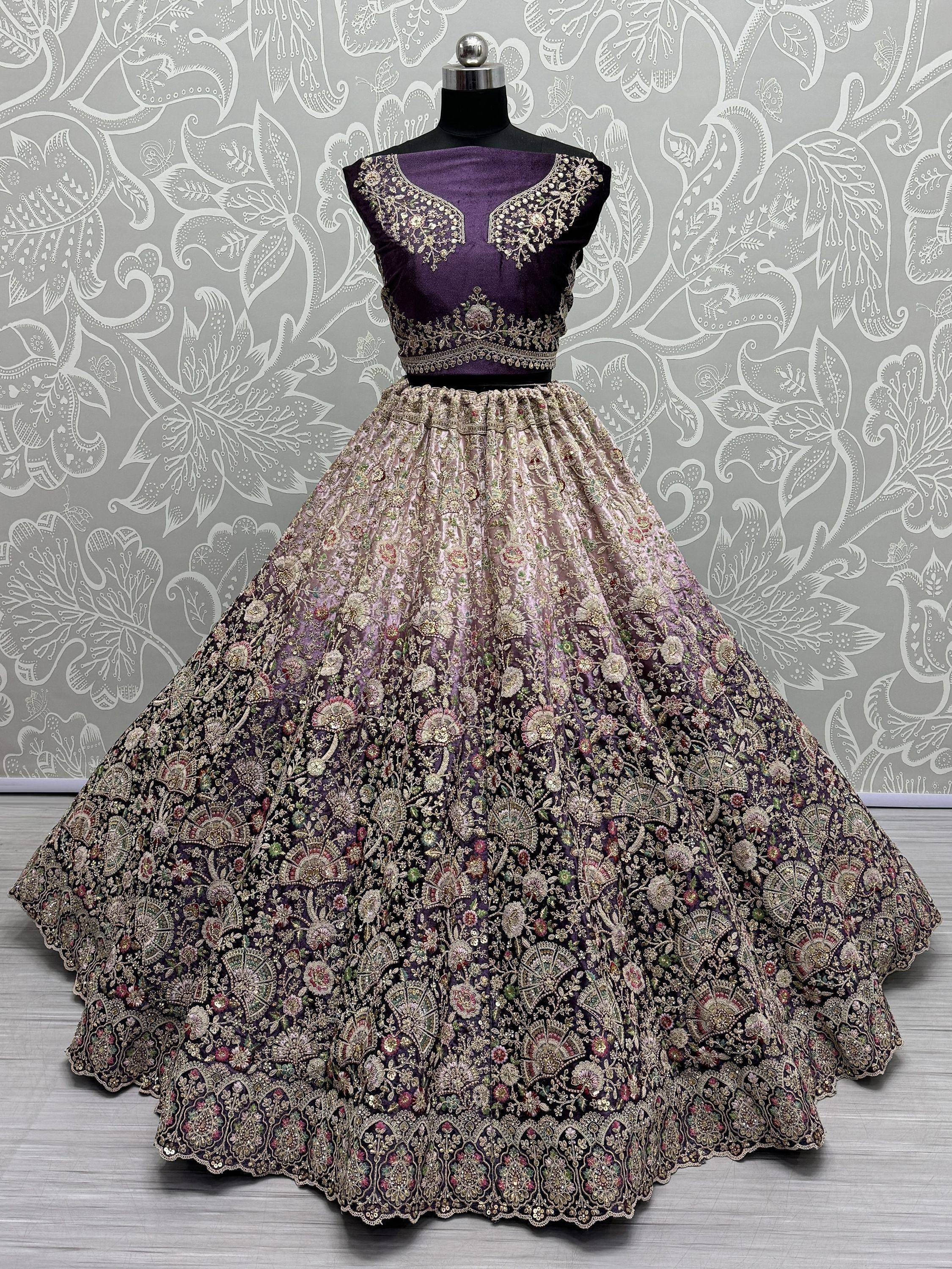 Purple designer lehenga choli with heavy floral embroidery and velvet blouse, perfect for Indian ethnic wear