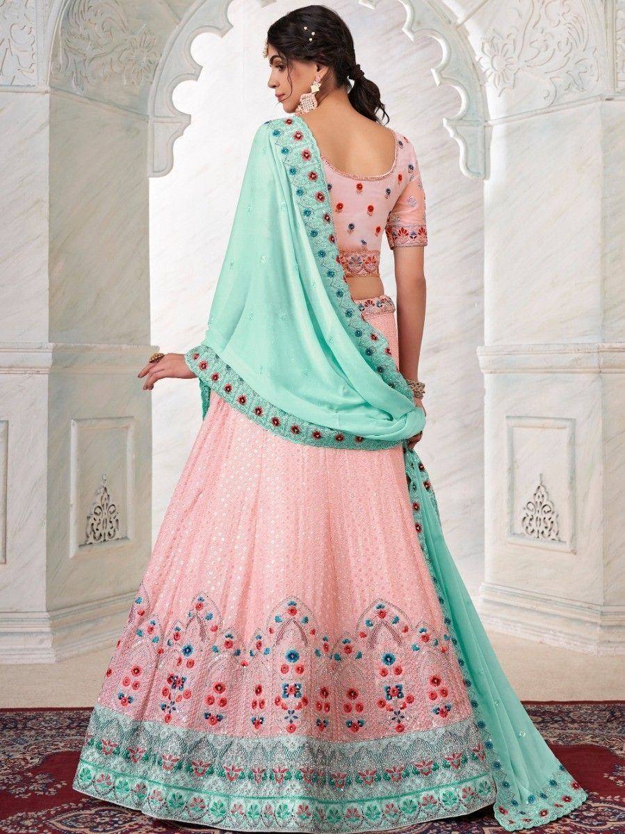 Pink embroidered lehenga choli with mint dupatta, Indian ethnic wear for weddings and festivals