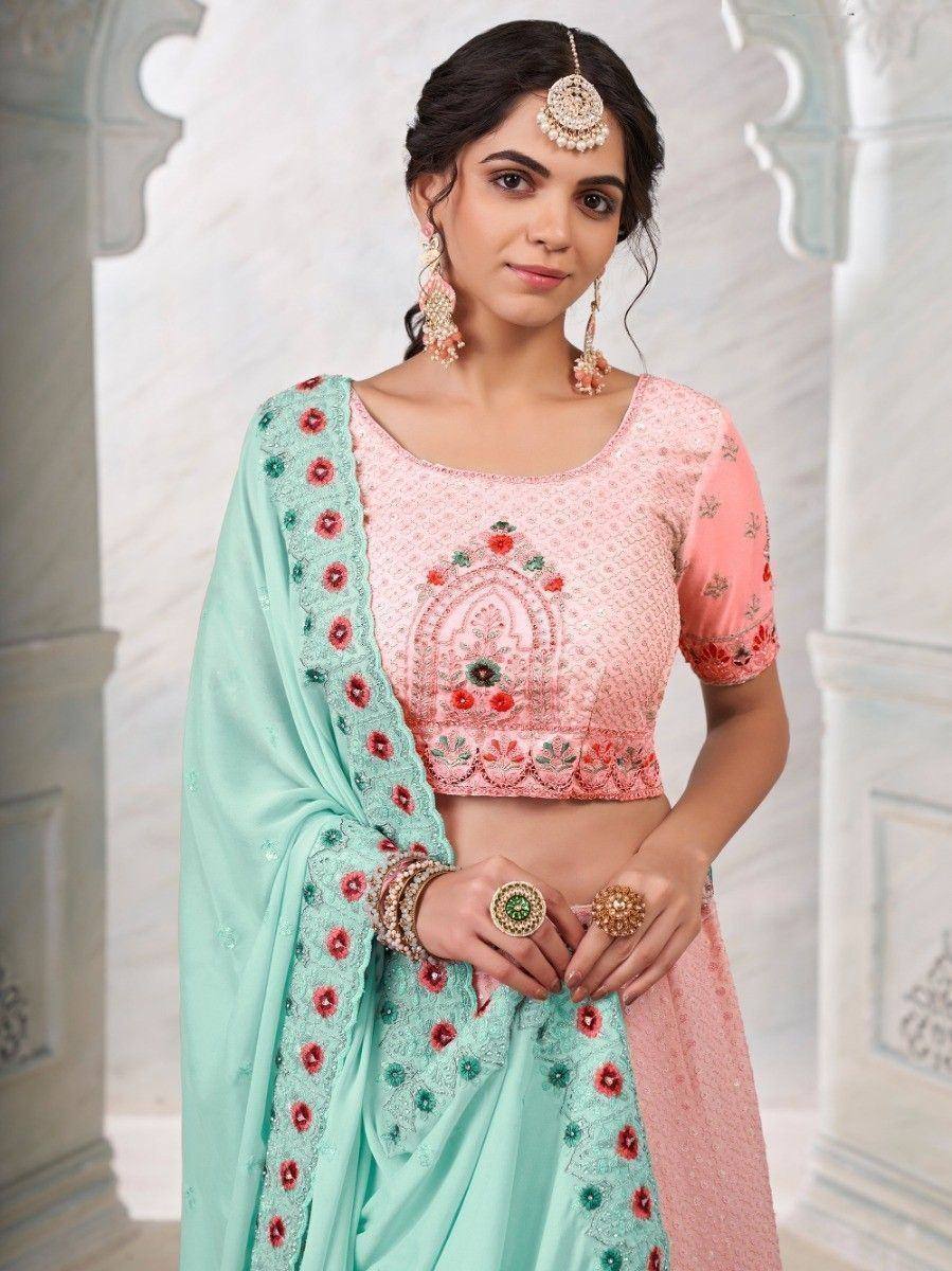 Pink embroidered crop top with mint green dupatta, Indian ethnic wear for women