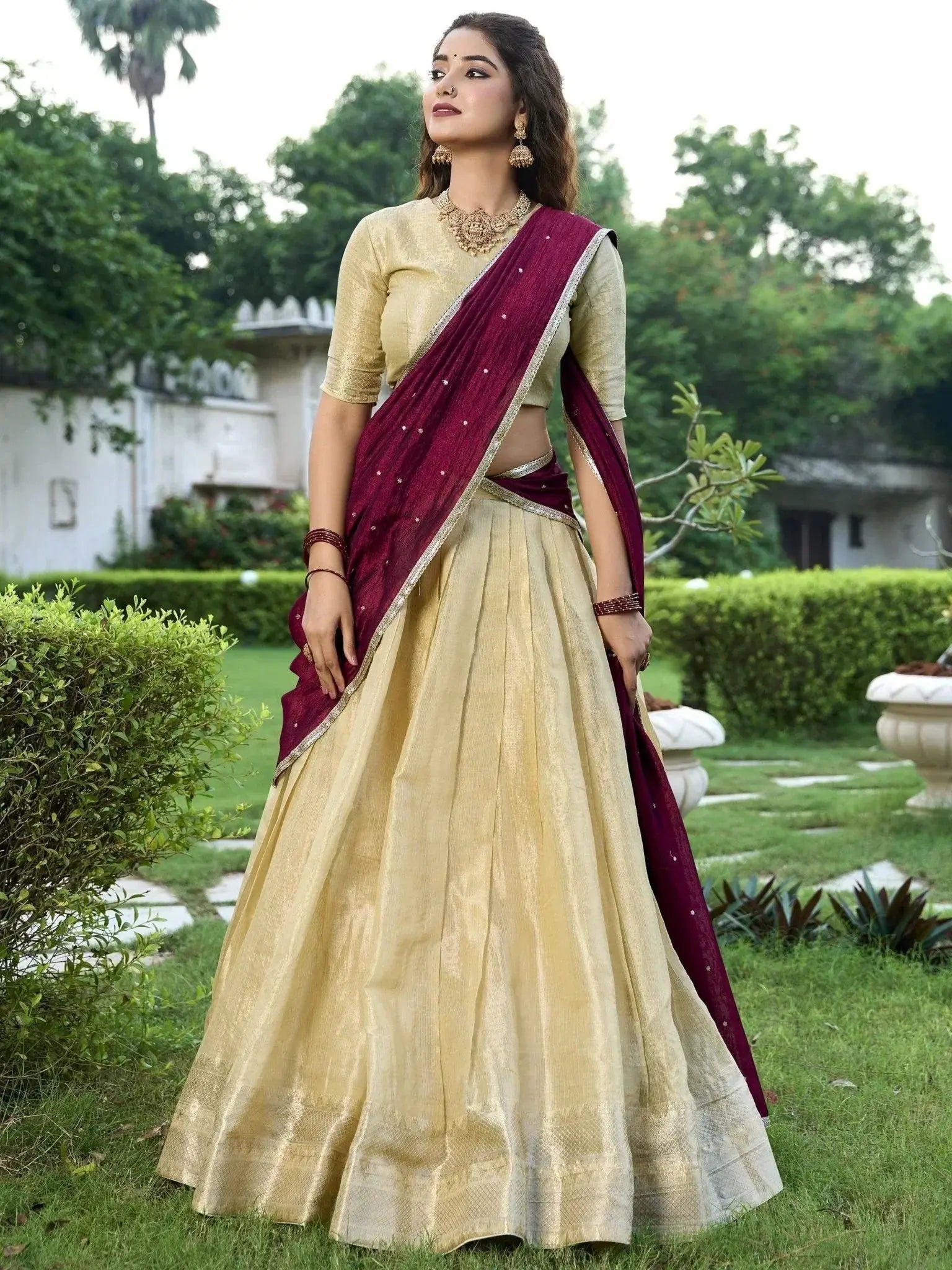 Sweet Cream Zari Weaving Silk Traditional Lehenga Choli With Dupatta - Ethnic Plus In