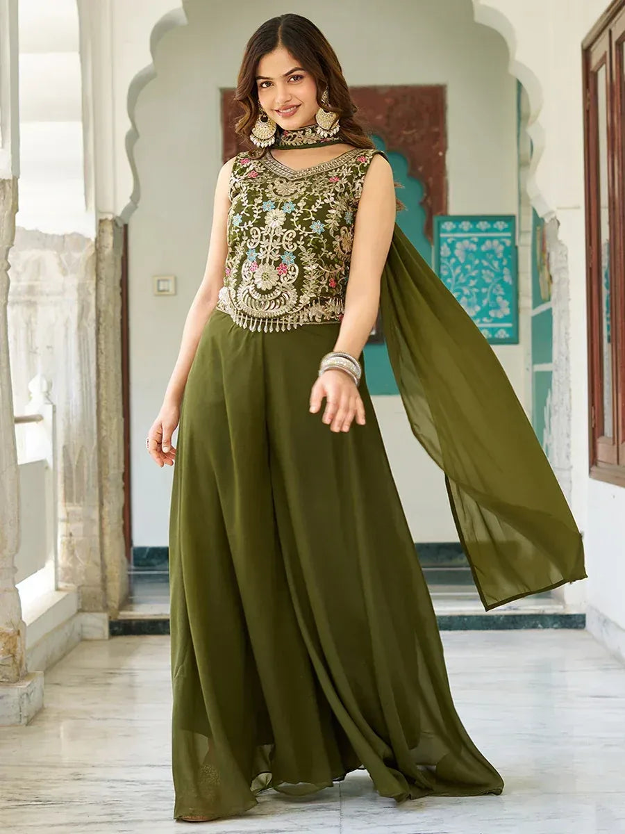 Olive green embroidered ethnic gown with floral detailing and flowing drape, perfect for festive occasions.