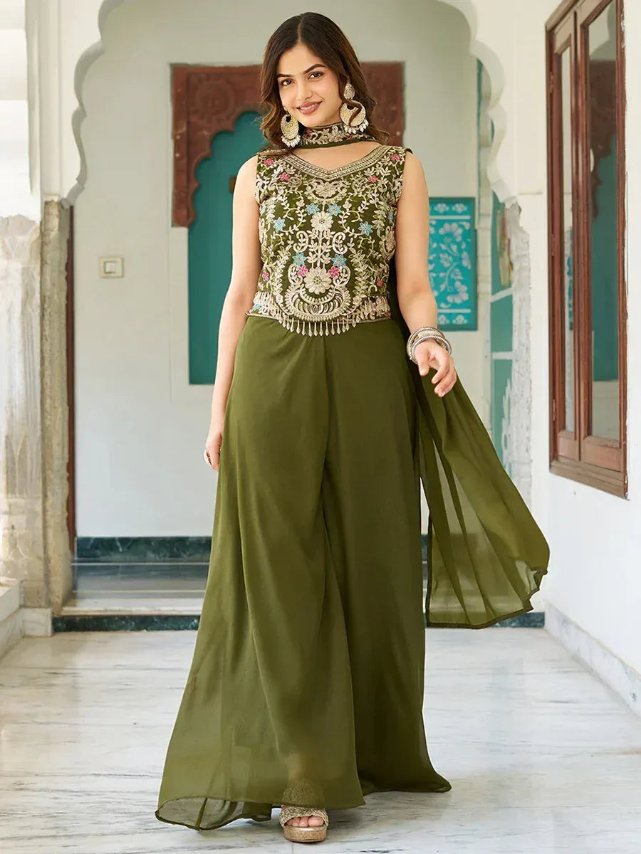 Olive green embroidered ethnic gown with flared pants, perfect for Indian festive occasions