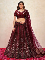 Sweet Maroon Sequins Net Wedding Lehenga Choli With Dupatta - Ethnic Plus In
