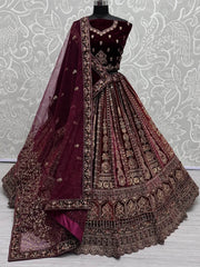 Sweet Maroon Velvet Bridal Lehenga Choli With Double Dupatta - Ethnic Plus In