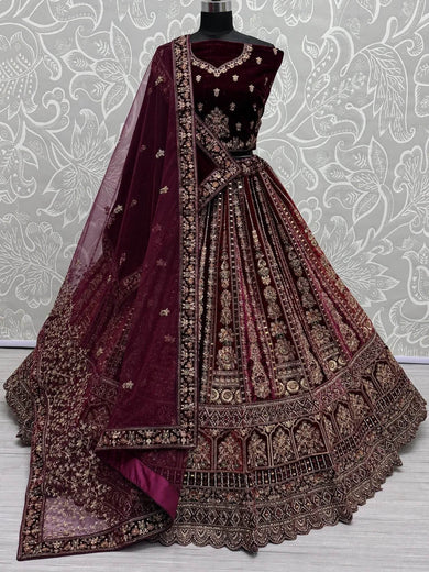 Sweet Maroon Velvet Bridal Lehenga Choli With Double Dupatta - Ethnic Plus In