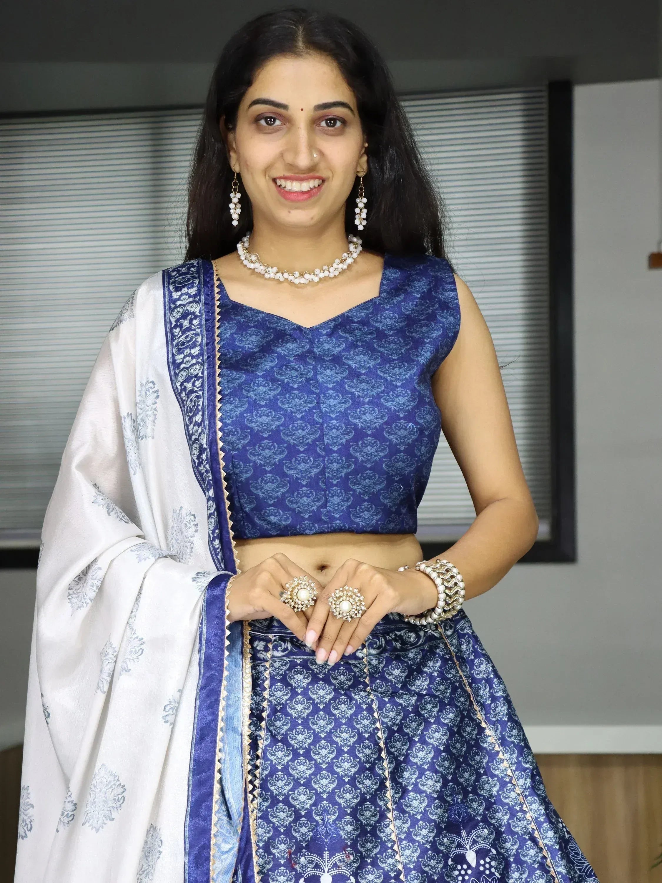 Blue printed lehenga choli with white dupatta, ethnic Indian wear for women