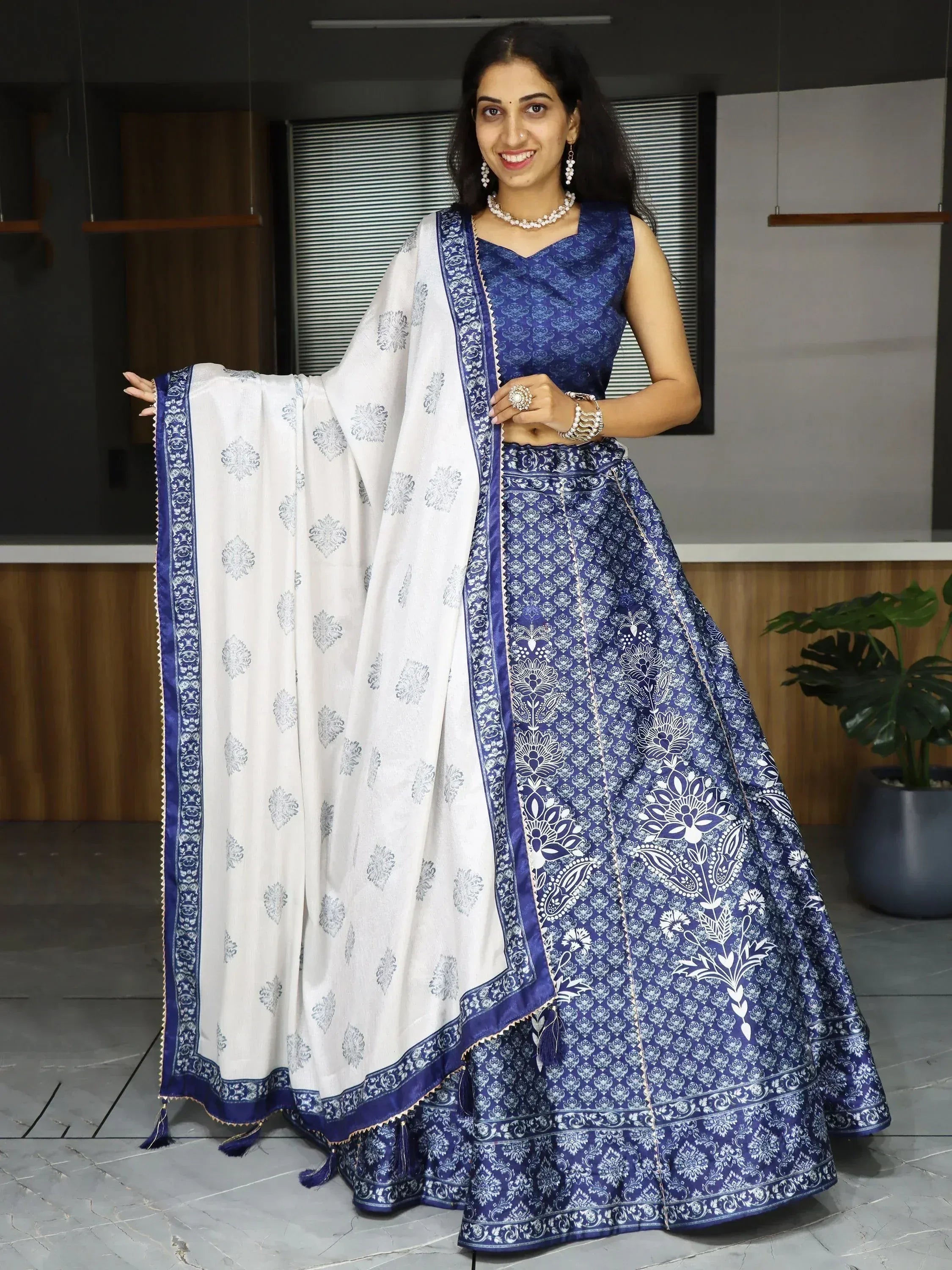 Blue and white printed lehenga choli with matching dupatta, Indian ethnic wear for women