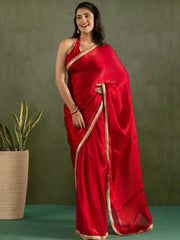 Sweet Red Bordered Chiffon Ready To Wear Saree - Ethnic Plus In