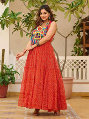 Sweet Red Georgette Mirror Work Navratri Wear Gown - Ethnic Plus In