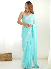 Sweet Sky Blue Georgette Sequins Festival Wear Saree With Blouse - Ethnic Plus In