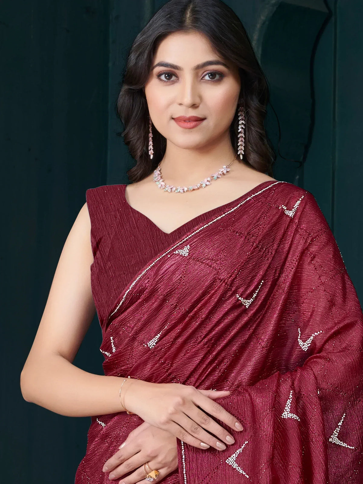 Elegant maroon saree with sequin embroidery, perfect for Indian ethnic wear occasions