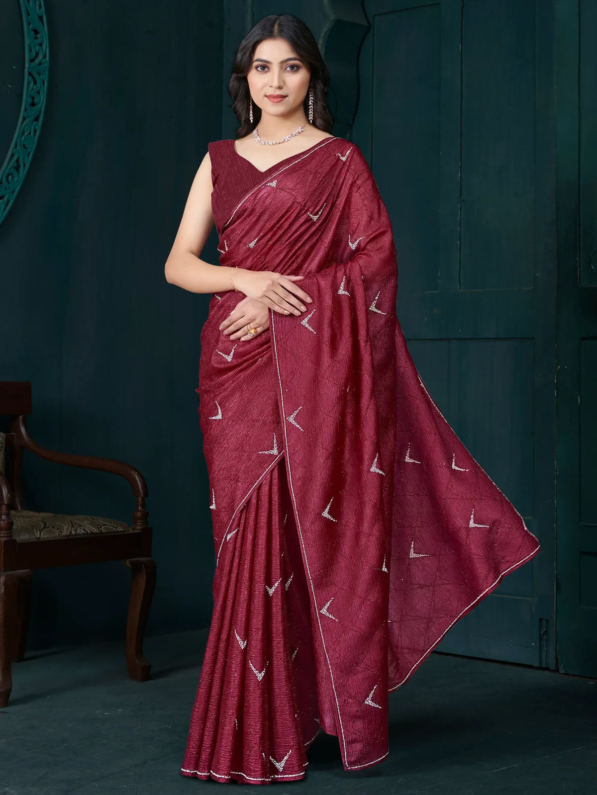 Maroon saree with silver embroidery, elegant Indian ethnic wear for women