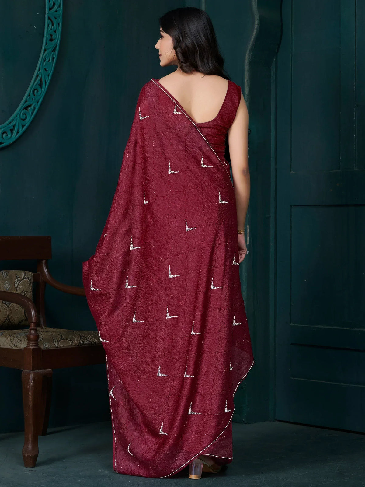 Maroon saree with white geometric embroidery, back view, ethnic wear for women