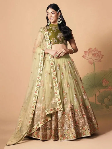 Impressive Pista Green Net Embroidered Wedding Lehenga Choli