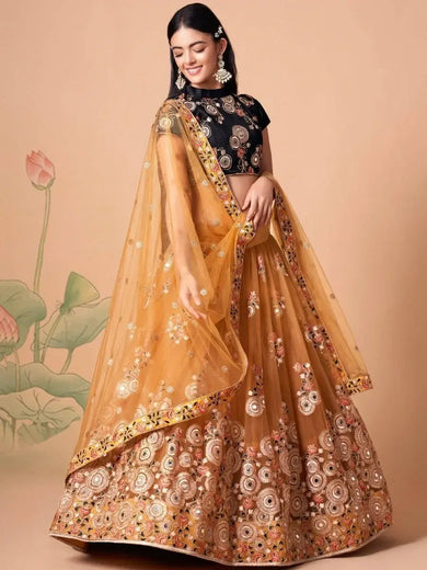 Fabulous Yellow Mirror Embroidered Net Festive Lehenga Choli
