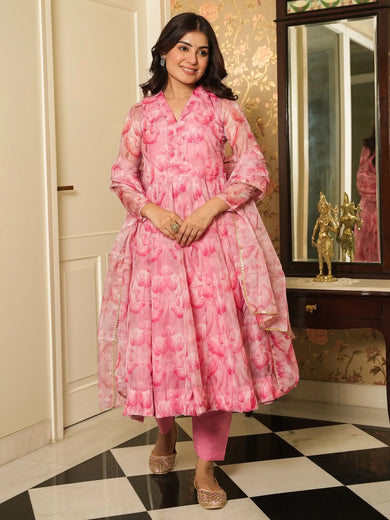 Interesting Pink Printed Organza Function Wear Anarkali Suit Pant