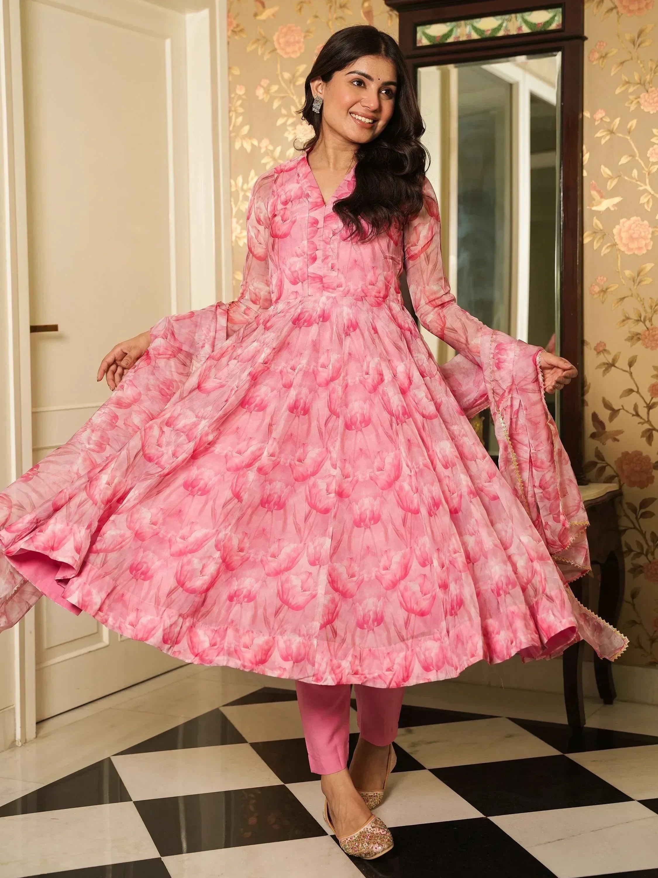 Pink floral printed anarkali gown with palazzo pants, perfect for ethnic occasions