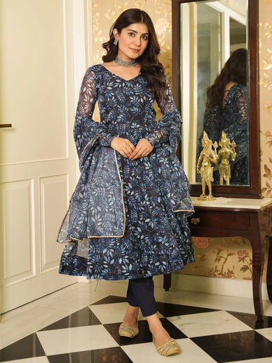 Bewitching Navy Blue Printed Organza Readymade Anarkali Suit Pant