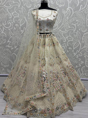 Tantalizing Off - White Thread Work Net Wedding Lehenga Choli - Ethnic Plus In