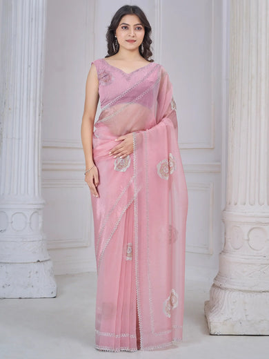 Tantalizing Baby Pink Jarkan Work Organza Party Wear Saree
