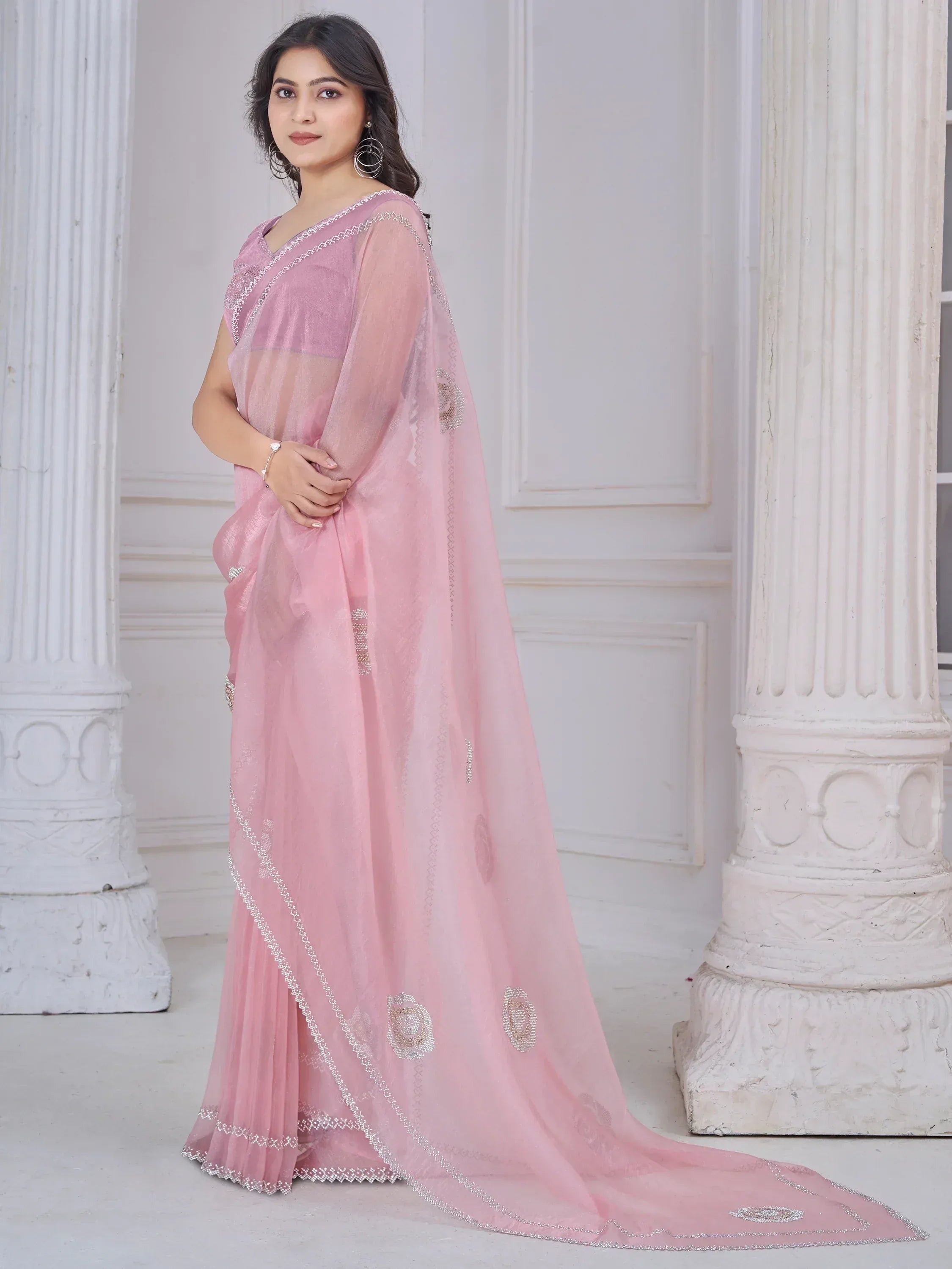 Pink embroidered saree with sheer blouse, ethnic Indian wear for women