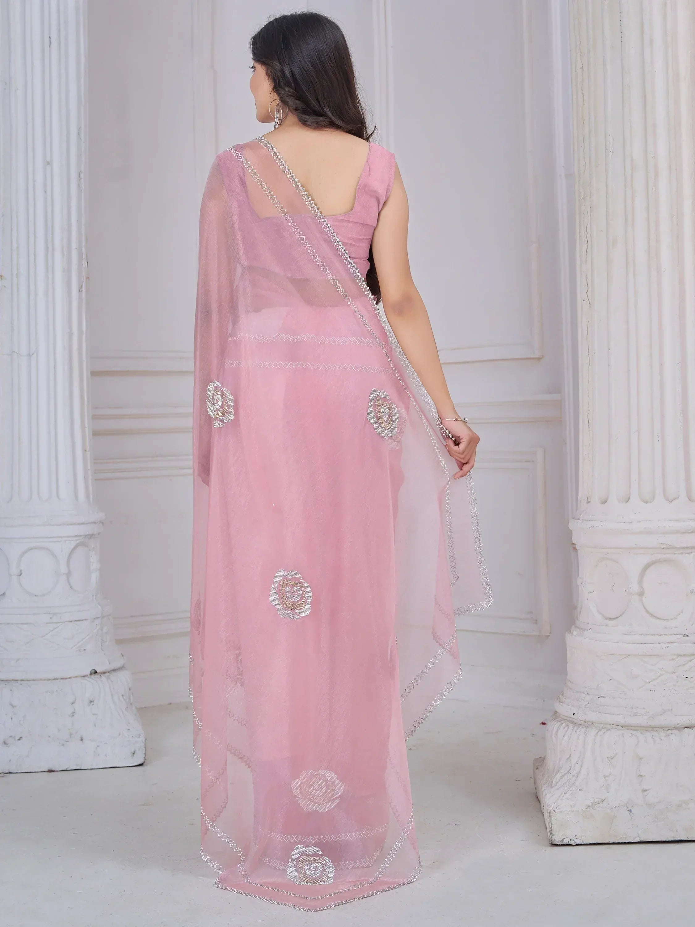Pink designer saree with floral embroidery and silver border, elegant ethnic wear for women
