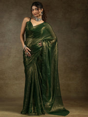 Tantalizing Green Chiffon Pre-Stitched Bollywood Saree With Blouse
