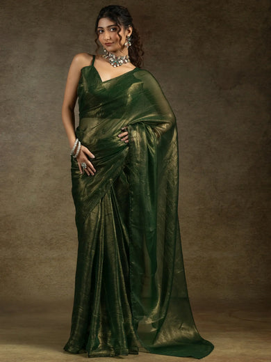 Tantalizing Green Chiffon Pre-Stitched Bollywood Saree With Blouse