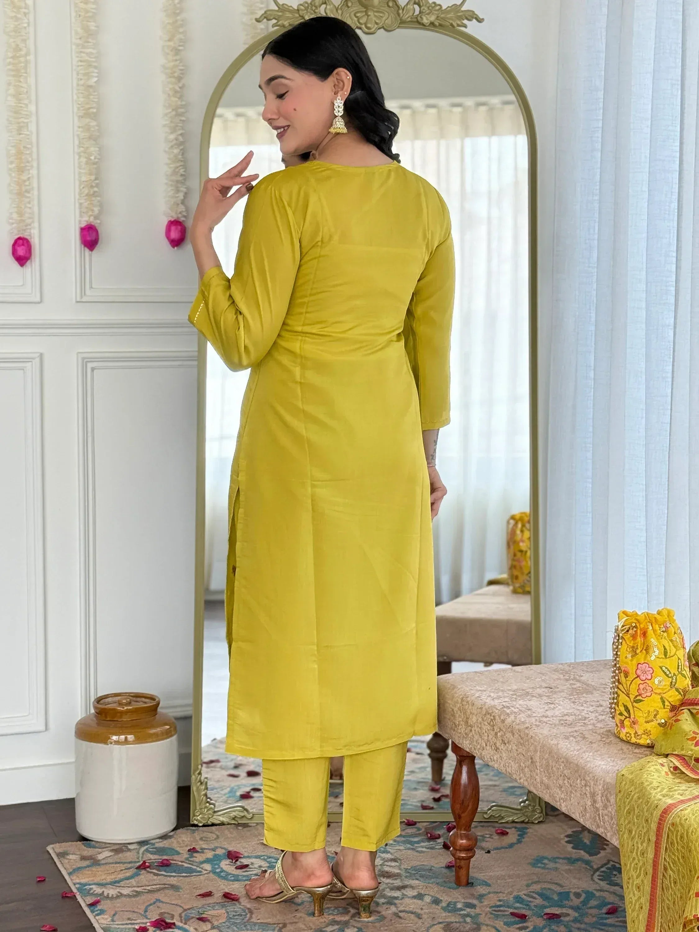 Tantalizing Yellow Thread Embroidery Chanderi Straight Suit Pant