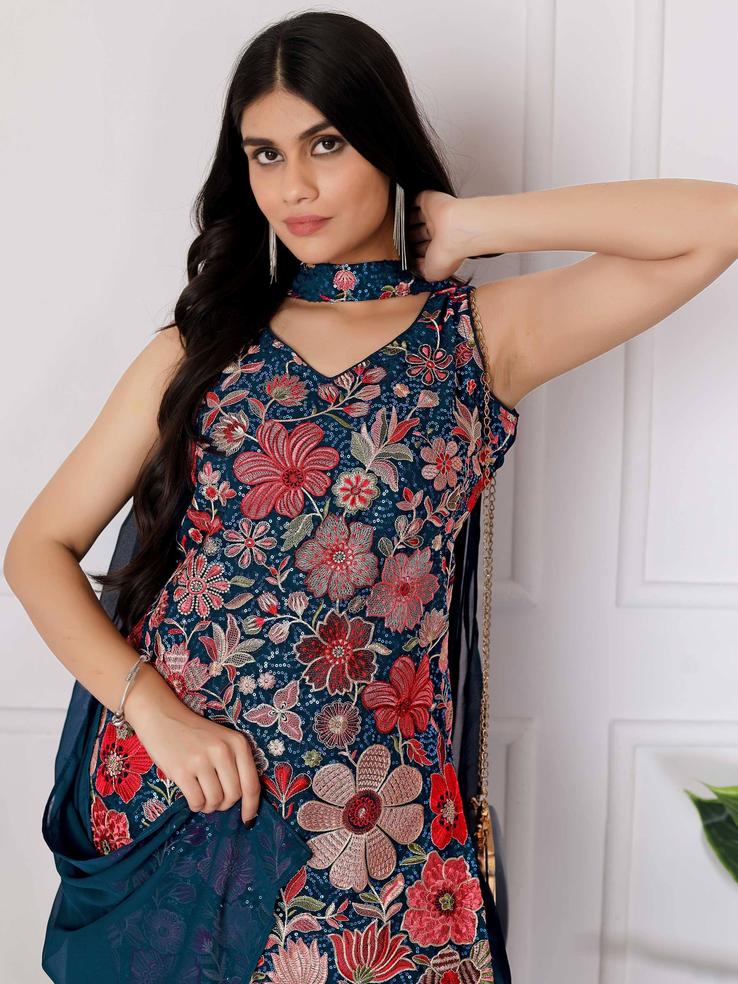 Graceful Teal Blue Embroidered Georgette Wedding Wear Palazzo Suit