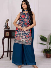 Graceful Teal Blue Embroidered Georgette Wedding Wear Palazzo Suit