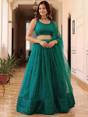 Stunning Teal Green Soft Net Sequins Monochrome Lehenga Choli