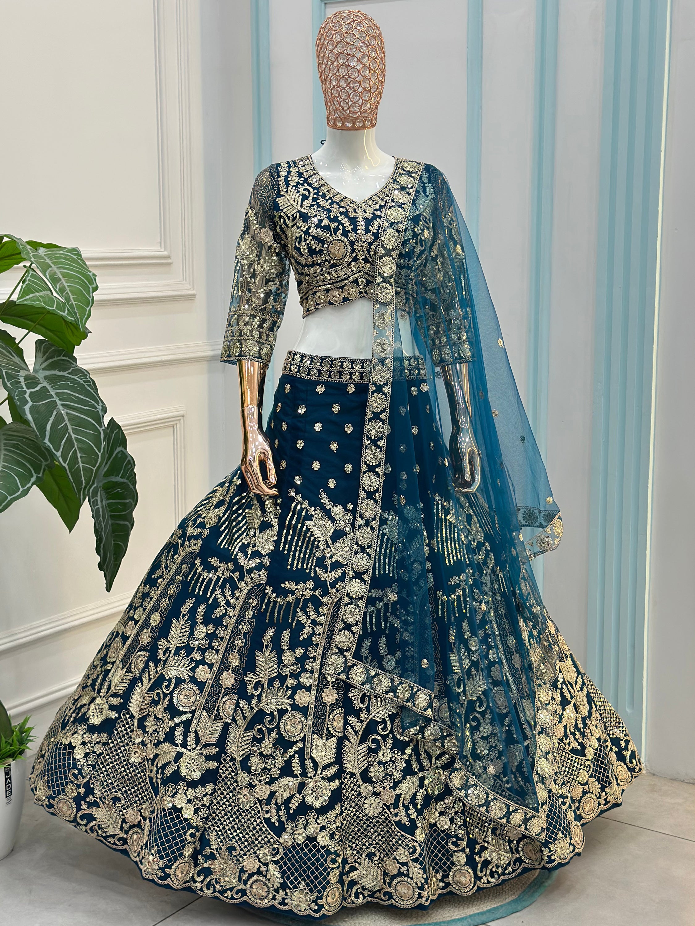 Lovable Teal Blue Coding Work Net Reception Wear Lehenga Choli