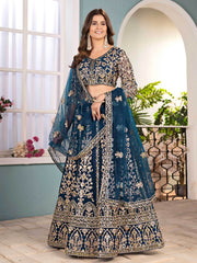 Glorious Teal Blue Net Coding Work Reception Wear Lehenga Choli