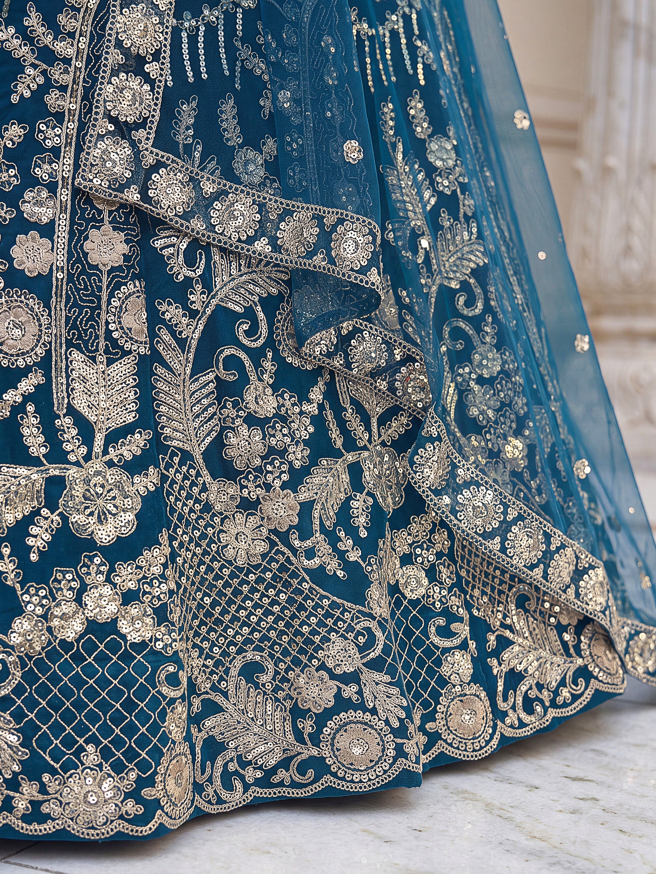Lovable Teal Blue Coding Work Net Reception Wear Lehenga Choli