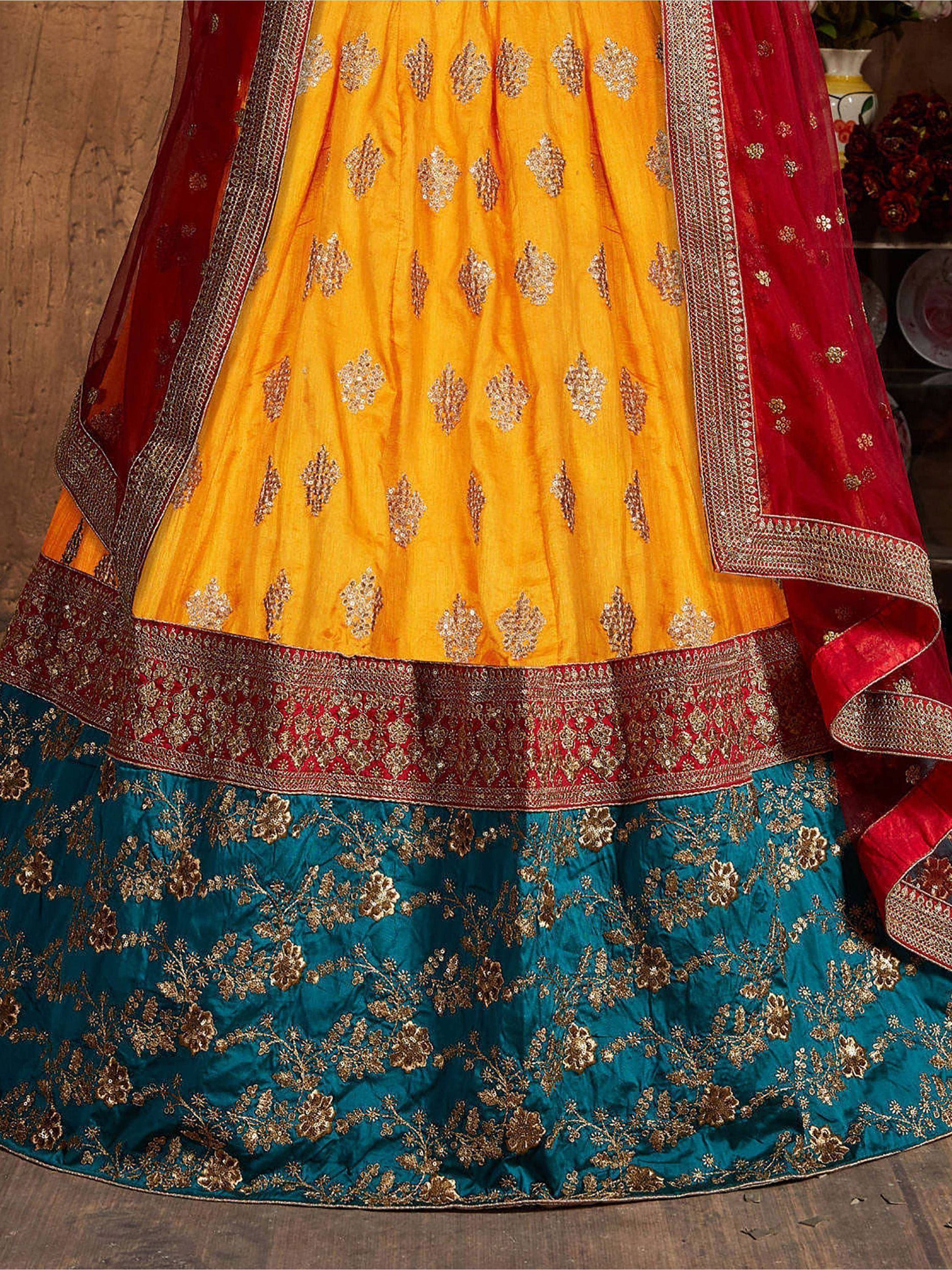 Teal Green -Yellow Embroidery Banarasi Silk Bridal Lehenga Choli With Maroon Dupatta